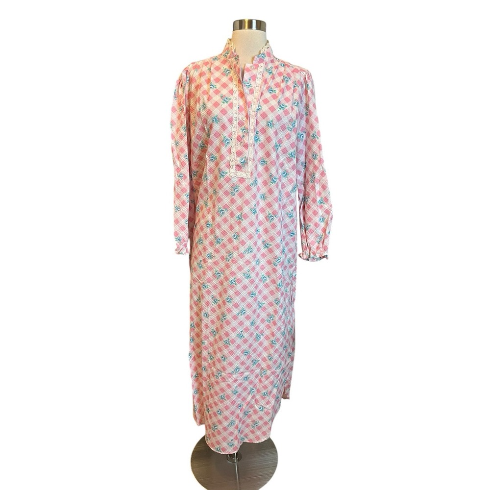 Vintage Saybury Nightgown Size Small Pink Floral Gingham Print Long